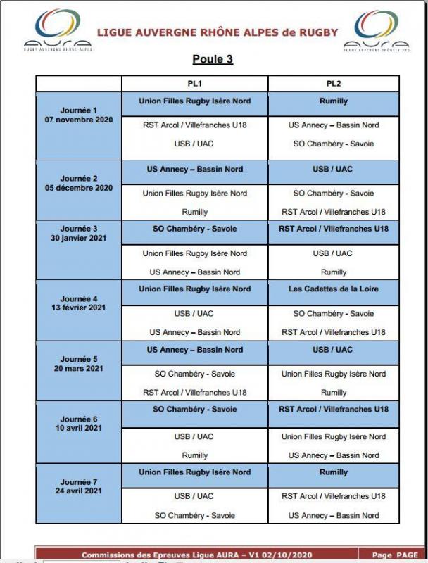 Calendrier cadette 2020 et 2021